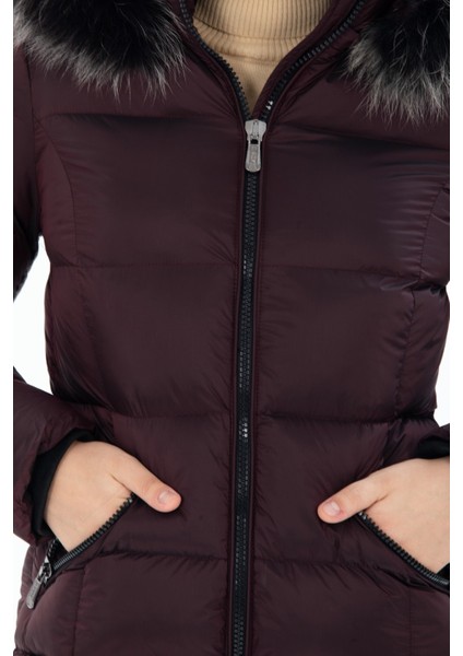 Kadın Uzun Çıkarılabilir Kürk Kapşonlu Dolgulu Rüzgara Dayanıklı Su Itici Şişme Mont 8651