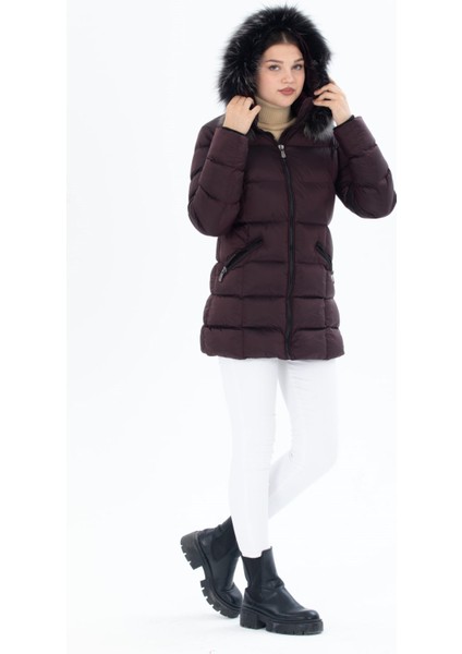 Kadın Uzun Çıkarılabilir Kürk Kapşonlu Dolgulu Rüzgara Dayanıklı Su Itici Şişme Mont 8651