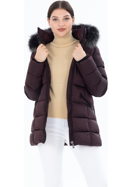 Kadın Uzun Çıkarılabilir Kürk Kapşonlu Dolgulu Rüzgara Dayanıklı Su Itici Şişme Mont 8651