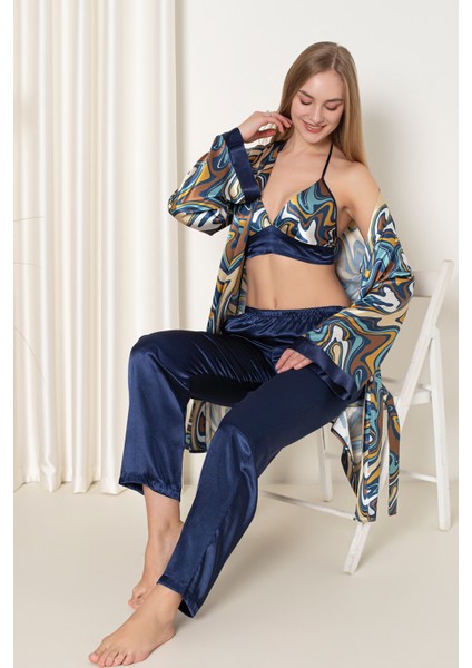Lacivert Saten Büstiyer Gecelik Takım