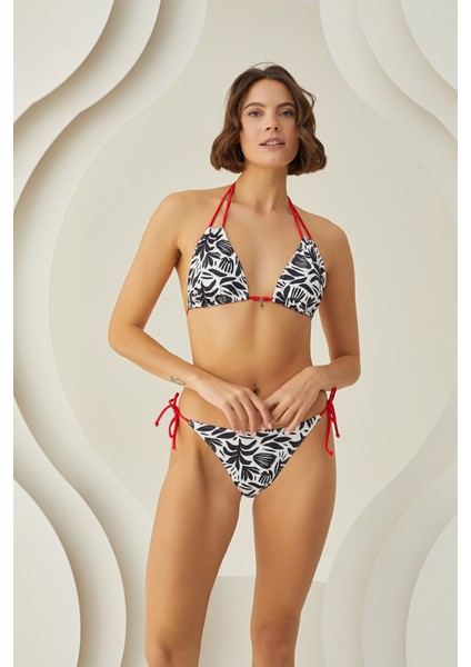 Siyah Beyaz Leaf Pattern Üçgen Bikini Takım