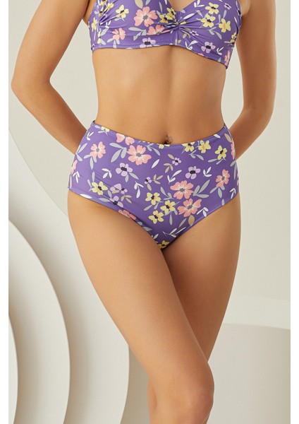 Renkli Bloom Yüksel Bel Tek Alt Bikini