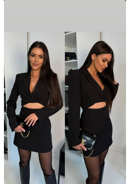 Kadın Siyah Crop Blazer Takım