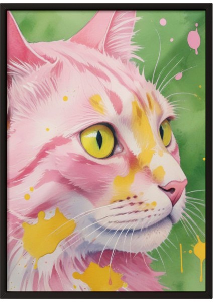 Siyah Çerçeveli Tablo, Renkli Kedi – Stilize Illüstrasyonu, Genç Odası Dekoru Poster No: 109731