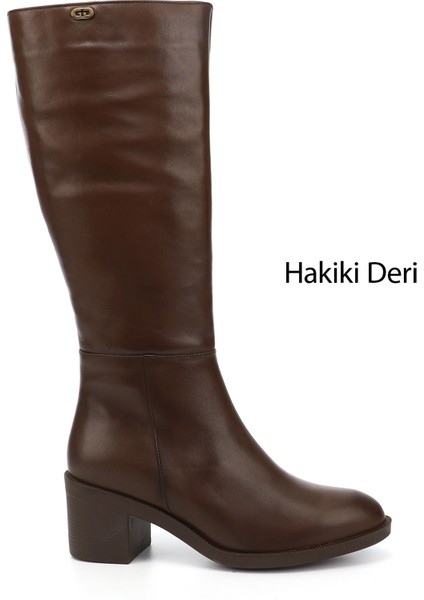 Kadın Kahve Fermuarlı Kalın Topuklu Hakiki Deri Çizme