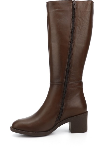 Kadın Kahve Fermuarlı Kalın Topuklu Hakiki Deri Çizme modelleri