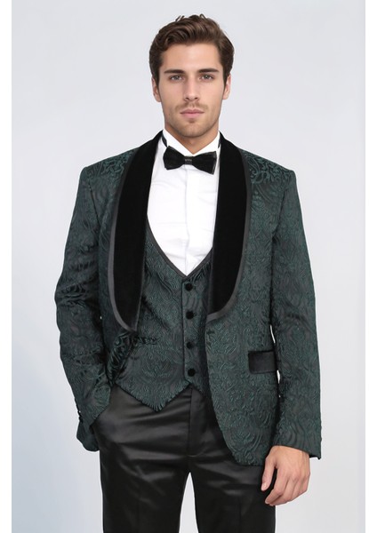 Barok Desenli Kadife Şal Yaka Yelekli Ördek Yeşili Smokin - Wessi