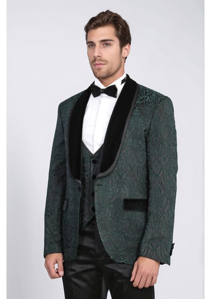 Barok Desenli Kadife Şal Yaka Yelekli Ördek Yeşili Smokin - Wessi fiyatları