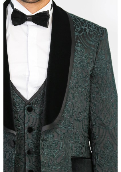 Barok Desenli Kadife Şal Yaka Yelekli Ördek Yeşili Smokin - Wessi modelleri