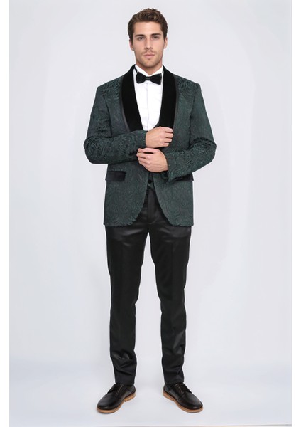 Barok Desenli Kadife Şal Yaka Yelekli Ördek Yeşili Smokin - Wessi fırsatları