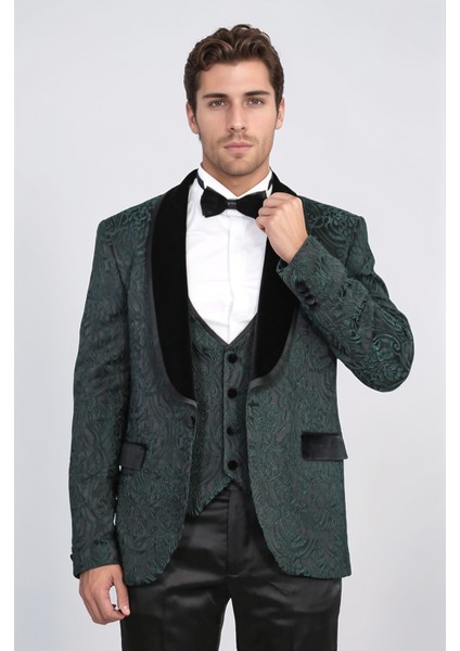 Barok Desenli Kadife Şal Yaka Yelekli Ördek Yeşili Smokin - Wessi indirimleri