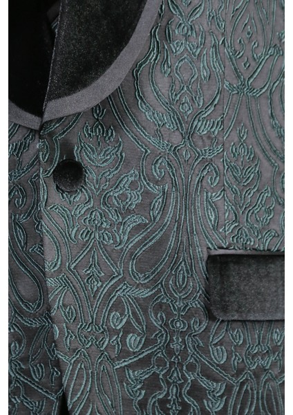 Barok Desenli Kadife Şal Yaka Yelekli Ördek Yeşili Smokin - Wessi
