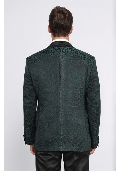 Barok Desenli Kadife Şal Yaka Yelekli Ördek Yeşili Smokin - Wessi