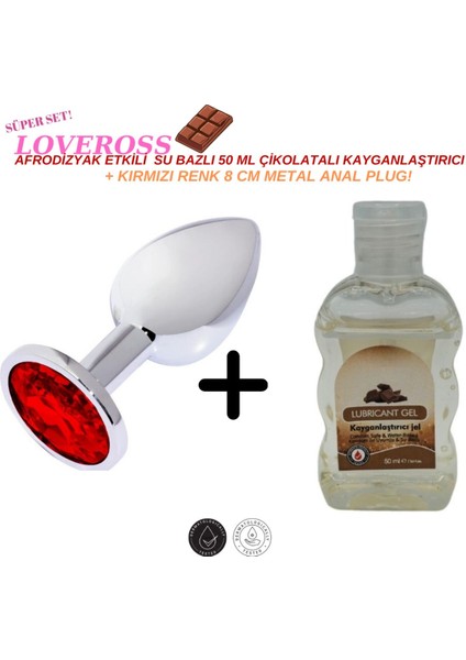 Premium Kırmızı 7 cm Elmas Taşlı Metal Anal Plug Çikolatalı Kayganlaştırıcı Seti - Gizli Gönderim