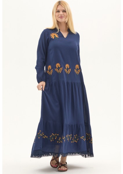 Şile Bezi Lacivert Uzun Kol Nakışlı Uzun Yazlık Elbise