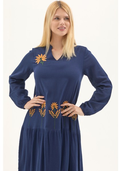 Şile Bezi Lacivert Uzun Kol Nakışlı Uzun Yazlık Elbise modelleri