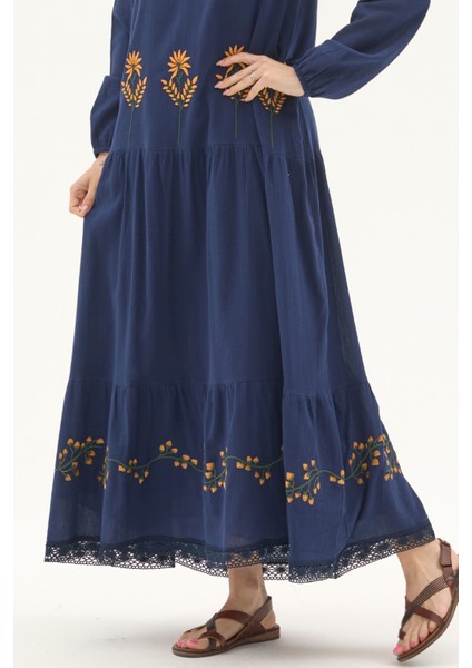 Şile Bezi Lacivert Uzun Kol Nakışlı Uzun Yazlık Elbise fırsatları
