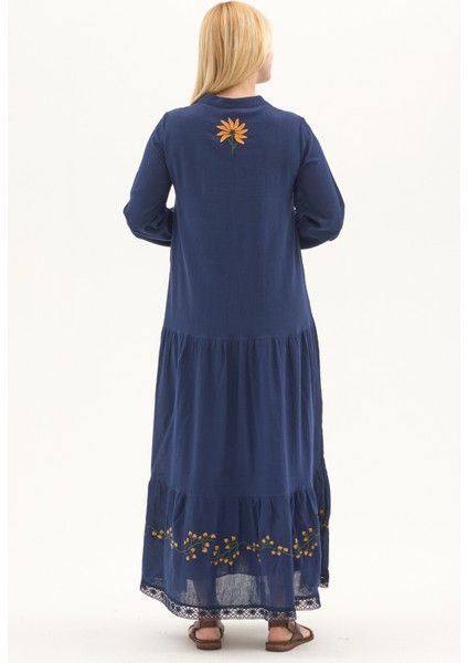 Şile Bezi Lacivert Uzun Kol Nakışlı Uzun Yazlık Elbise indirimleri