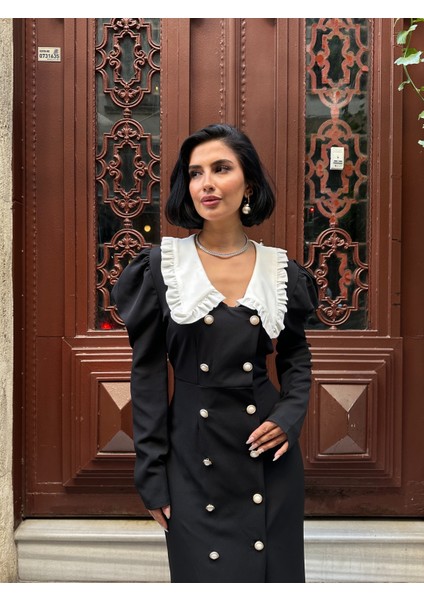 Düğme Detaylı Fırfır Yaka Elbise indirimleri