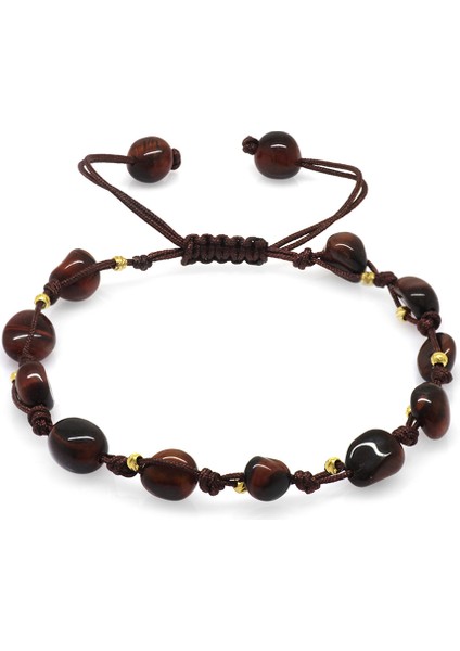 Makrome Örgülü Naturel Kesim Dorika Top Detaylı Koyu Renk Kaplangözü Doğaltaş Kadın Bileklik