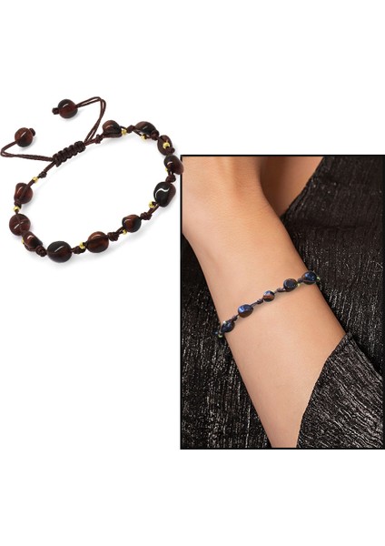 Makrome Örgülü Naturel Kesim Dorika Top Detaylı Koyu Renk Kaplangözü Doğaltaş Kadın Bileklik fiyatları