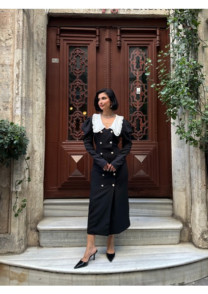 Düğme Detaylı Fırfır Yaka Elbise