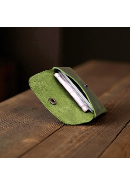 Mat Deri Hakiki Deri Kartlık Cüzdan, Minimal, El Yapımı, Çıtçıtlı Dikişsiz Tasarım Kartlık Yeşil