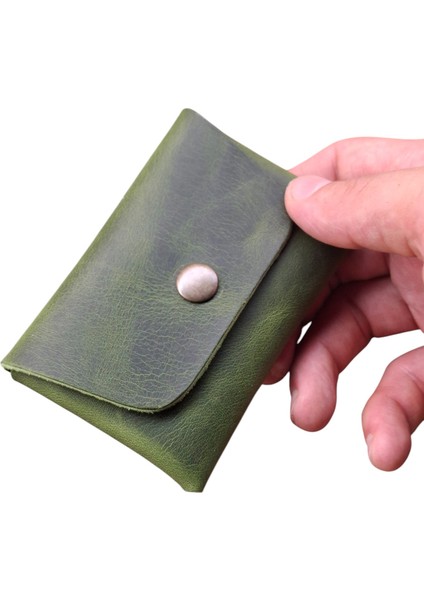 Mat Deri Hakiki Deri Kartlık Cüzdan, Minimal, El Yapımı, Çıtçıtlı Dikişsiz Tasarım Kartlık Yeşil fiyatları