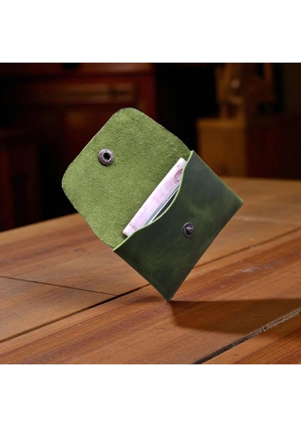 Mat Deri Hakiki Deri Kartlık Cüzdan, Minimal, El Yapımı, Çıtçıtlı Dikişsiz Tasarım Kartlık Yeşil modelleri
