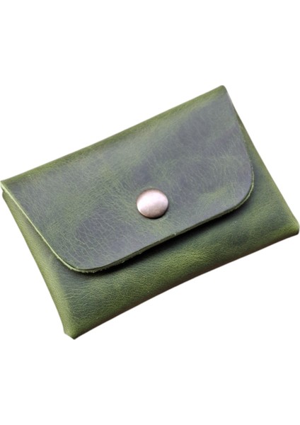 Mat Deri Hakiki Deri Kartlık Cüzdan, Minimal, El Yapımı, Çıtçıtlı Dikişsiz Tasarım Kartlık Yeşil fırsatları