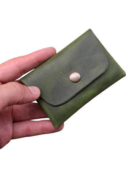 Mat Deri Hakiki Deri Kartlık Cüzdan, Minimal, El Yapımı, Çıtçıtlı Dikişsiz Tasarım Kartlık Yeşil indirimleri