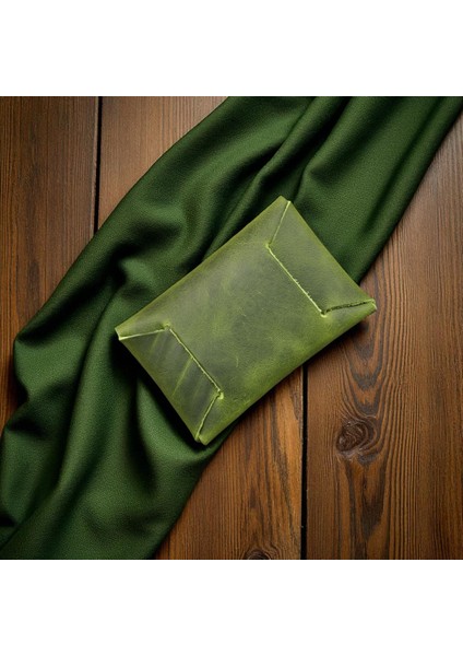 Mat Deri Hakiki Deri Kartlık Cüzdan, Minimal, El Yapımı, Çıtçıtlı Dikişsiz Tasarım Kartlık Yeşil