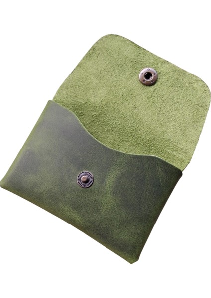 Mat Deri Hakiki Deri Kartlık Cüzdan, Minimal, El Yapımı, Çıtçıtlı Dikişsiz Tasarım Kartlık Yeşil