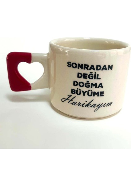 Doğma Büyüme Harikayım Baskılı Kırmızı Kalp Kulplu Kupa