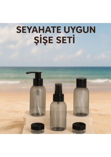 Plastik Seyahat Boy 100ML Füme Şişe ve Kavanoz 5’li Set – Çantalı Seyahat Kiti