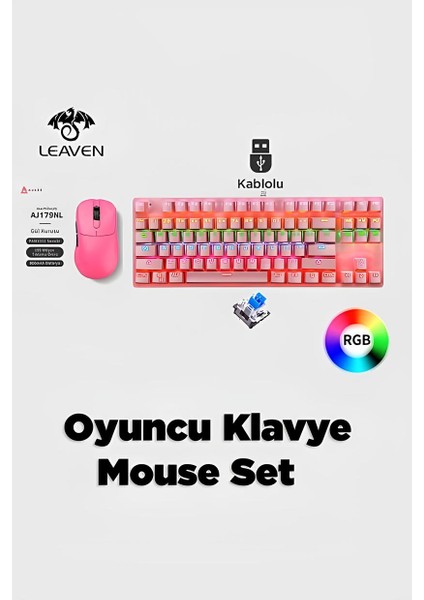 AJ179 Nl 3 Modlu Gamer Mouse + Leaven K550 Blue Switch Mekanik Klavye Gamer Seti