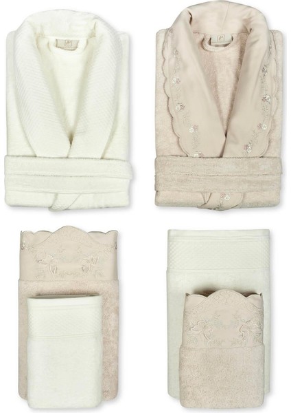 6 Parça Lena Bambu 3 Boyutlu Nakışlı Bornoz Seti - Ekru-Pudra