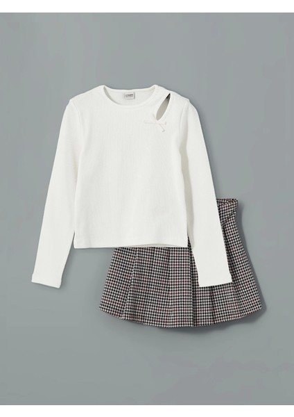 Lcw Kids Ekru Bisiklet Yaka Kız Çocuk Tişört ve Şort Etek