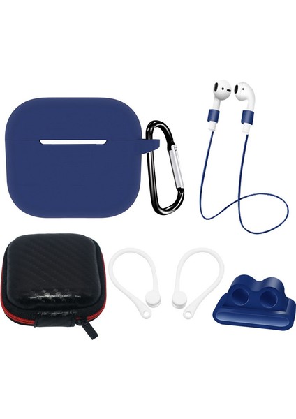 6 In 1 Apple Airpods Için 3 Taşınabilir Taşıma Çantası Kulaklık Silikon Kılıf Seti Kulakiçi Tutucu/anti-Kayıp Boyun Askısı-Koyu Mavi (Yurt Dışından)