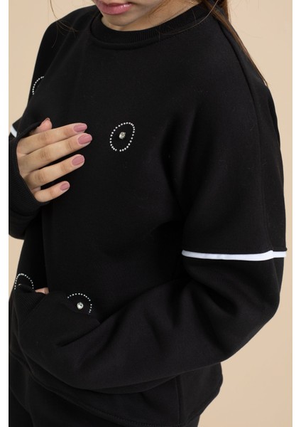 Siyah Payet Işlemeli Şardonlu Kız Çocuk 2li Eşofman Takımı 21428 fırsatları