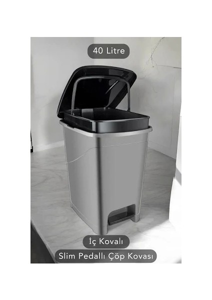 Siyah 40 Litre Slim Gri Çöp Kutusu