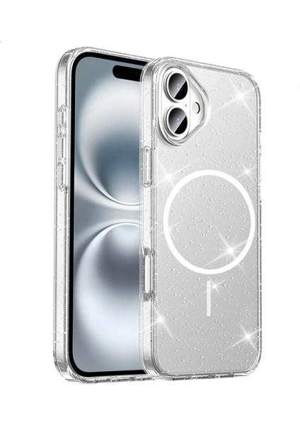 ​iphone 16 Plus Kılıf M-Safe Destekli Şeffaf Simli Rosmira Premium Silicone Case Cover