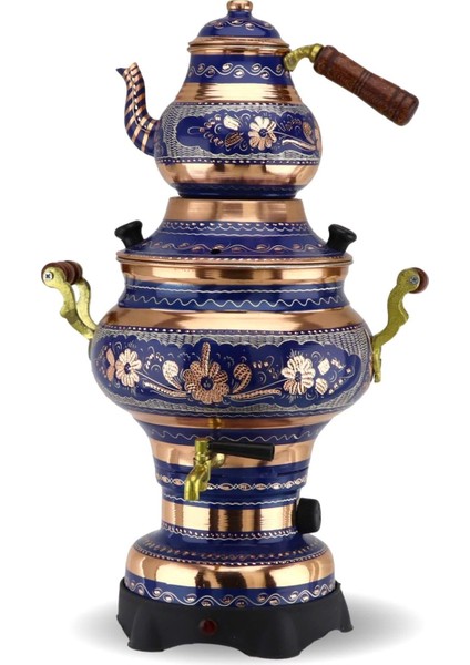 Gül Çiçek Mavi Elektrikli Termostatlı Bakır Semaver