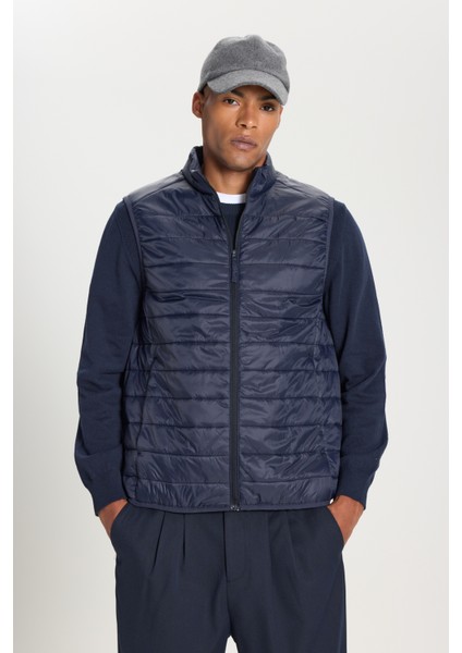 Erkek Lacivert Şişme Rüzgar Geçirmez Taşınabilir Çantalı Sıcak Tutan Elyaf Ultra Hafif Yelek