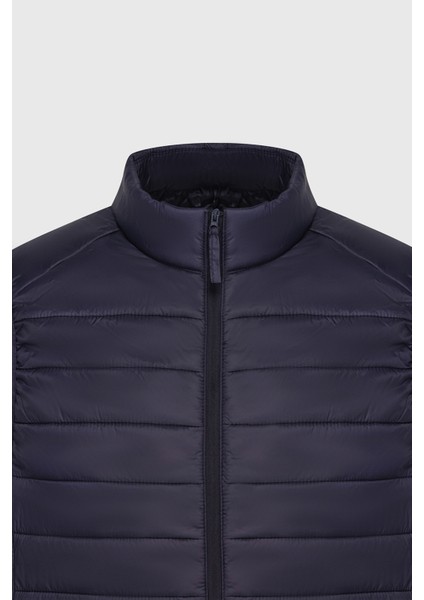 Erkek Lacivert Şişme Rüzgar Geçirmez Taşınabilir Çantalı Sıcak Tutan Elyaf Ultra Hafif Yelek