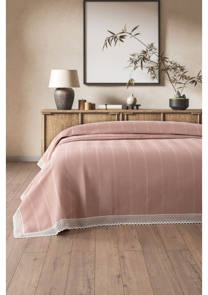 Tek Kişilik Iki Renkli Kopanaki Dantelli Petek Pike - Waffle Dokuma -160X230 Cm-Gül Kurusu