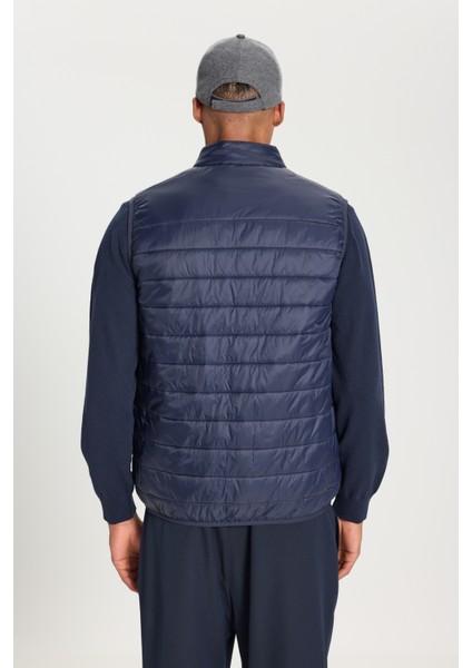 Erkek Lacivert Şişme Rüzgar Geçirmez Taşınabilir Çantalı Sıcak Tutan Elyaf Ultra Hafif Yelek