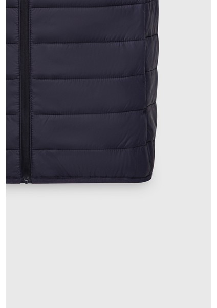 Erkek Lacivert Şişme Rüzgar Geçirmez Taşınabilir Çantalı Sıcak Tutan Elyaf Ultra Hafif Yelek