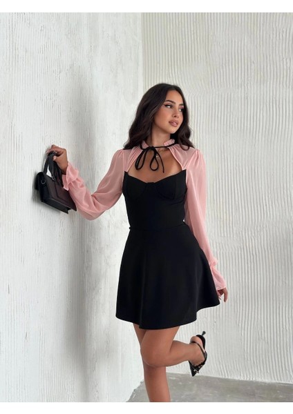 Kadın Göğsü Bağlamalı Kalp Yaka Kolları Şifon Mini Elbise - Siyah Pembe