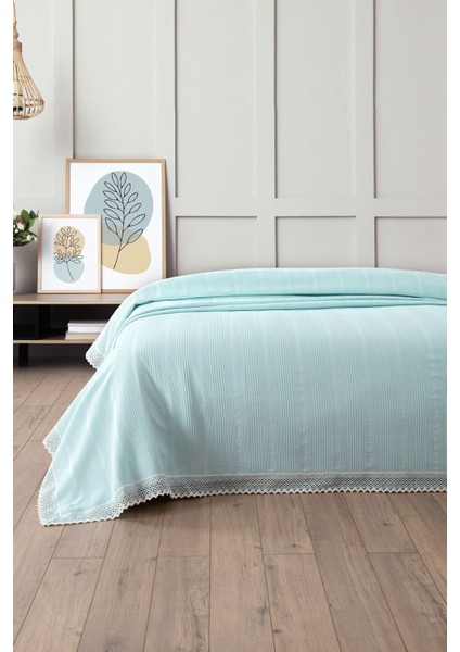 Tek Kişilik Iki Renk Dantelli Petek Pike -Bebe Mavisi Waffle Dokuma PIKE-160X230 cm